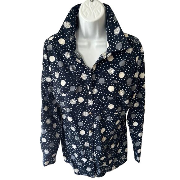 Vtg Notations Dress Casual Blouse, Navy Wht Polkadot Long Sleeve Women’s S - Picture 5 of 9